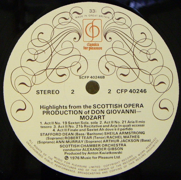 Wolfgang Amadeus Mozart, John Shirley-Quirk, Sheila Armstrong, Robert Tear, Rachel Mathes, Stafford Dean, Alexander Gibson, Scottish Chamber Orchestra : Highlights From The Scottish Opera Production Of Don Giovanni (LP)