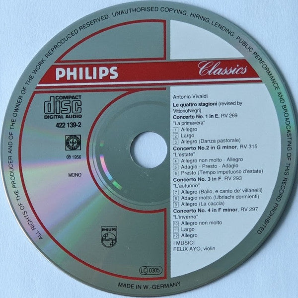 Vivaldi* – I Musici, Felix Ayo* : Le Quattro Stagioni = The Four Seasons = Die Vier Jahreszeiten (CD, Mono, RE, RM)