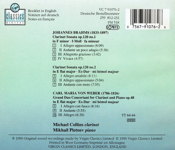 Mikhail Pletnev • Michael Collins (3), Johannes Brahms, Carl Maria von Weber : Clarinet Sonatas, Grand Duo Concertant (CD, Album)