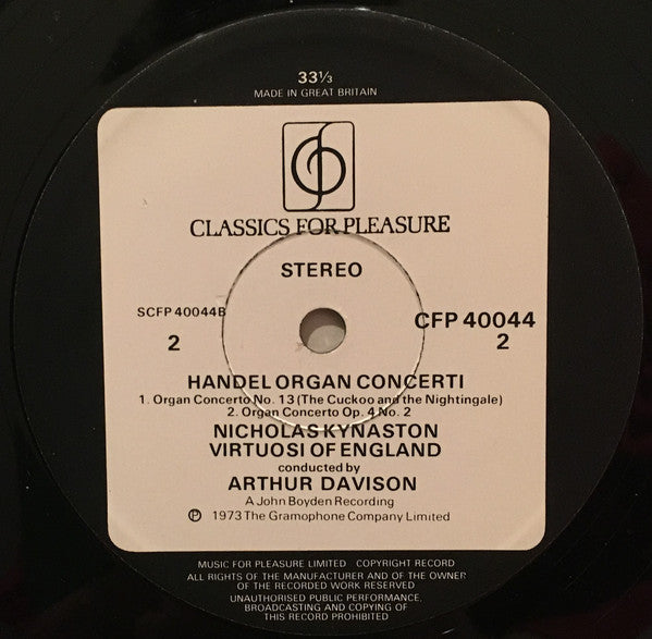 Georg Friedrich Händel, Nicolas Kynaston, The Virtuosi Of England, Arthur Davison : Handel Organ Concerti (LP)