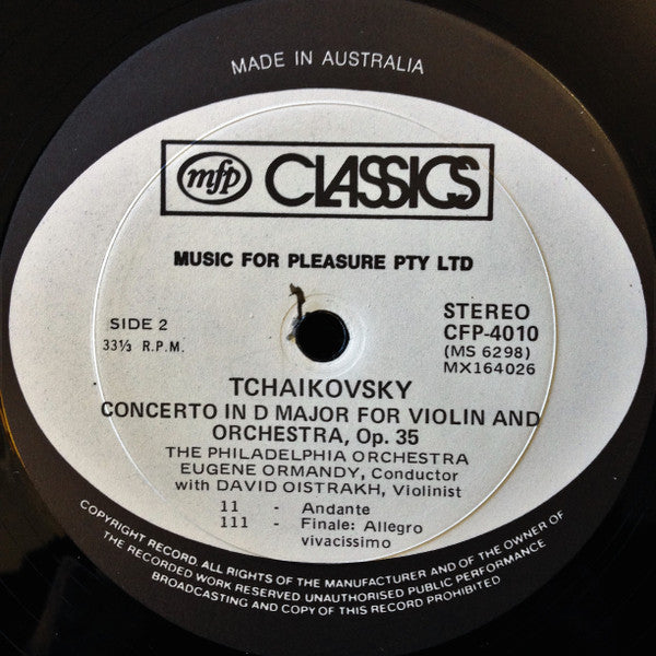 David Oistrach / Eugene Ormandy, The Philadelphia Orchestra, Pyotr Ilyich Tchaikovsky : Violin Concerto In D Major For Violin And Orchestra, Op. 35 (LP)