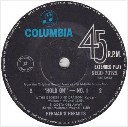 Herman's Hermits : Hold On! (Music From The Original Sound Track) No. 1 (7", EP)
