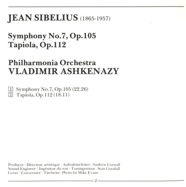 Sibelius* - Philharmonia Orchestra, Vladimir Ashkenazy : Symphony No.7 / Tapiola (CD, Album)