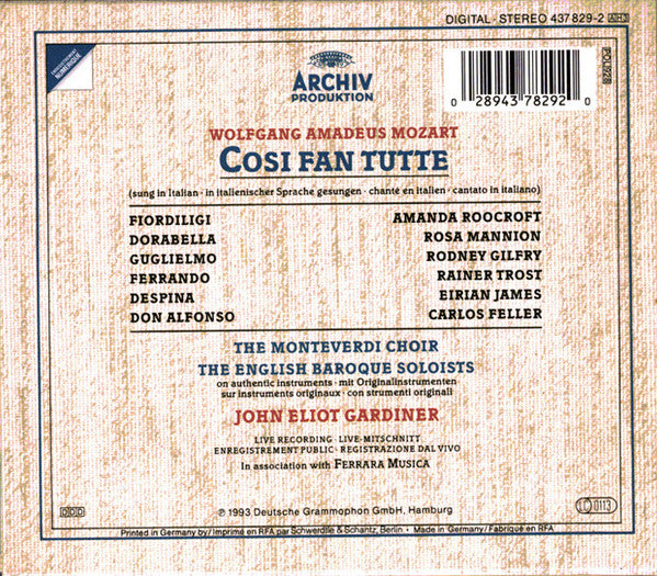Mozart* - Amanda Roocroft · Rosa Mannion · Eirian James · Rainer Trost · Rodney Gilfry · Carlos Feller · The Monteverdi Choir · The English Baroque Soloists · John Eliot Gardiner : Cosi Fan Tutte (3xCD, Album + Box, Sli)