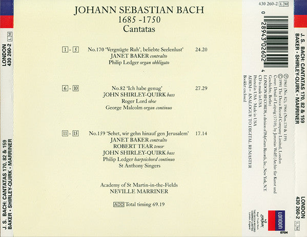 Johann Sebastian Bach - Janet Baker • John Shirley-Quirk • The Academy Of St. Martin-in-the-Fields • Sir Neville Marriner : Cantatas 170, 82 & 159 (CD, Album, RE, RM, RP)