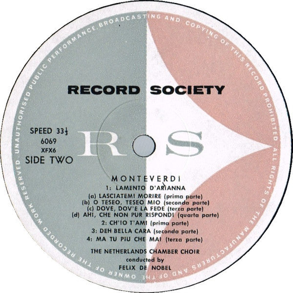 Palestrina* / Monteverdi* / Netherlands Chamber Choir*, Felix De Nobel : Motets - Madrigals (LP, Album, Mono, Club, Gat)