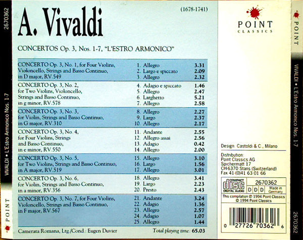 Antonio Vivaldi - Camerata Romana, Eugen Duvier : L'estro Armonico: Concertos Nos. 1-7 (CD, Album)