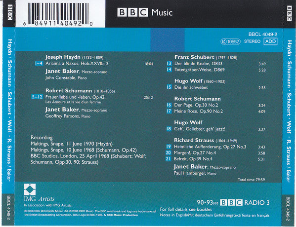 Janet Baker, Joseph Haydn, Robert Schumann, Franz Schubert, Hugo Wolf, Richard Strauss, John Constable, Paul Hamburger, Geoffrey Parsons (2) : Arianna A Naxos - Frauenliebe Und Leben (CD, Album, RM)