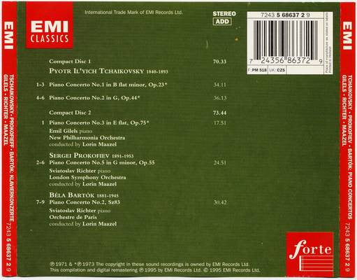 Pyotr Ilyich Tchaikovsky, Sergei Prokofiev, Béla Bartók, Emil Gilels, Sviatoslav Richter, Lorin Maazel : Piano Concertos (2xCD, Comp, RM)