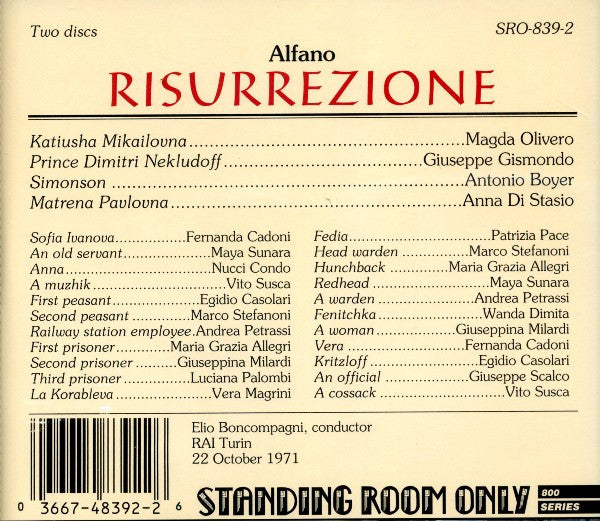 Franco Alfano - Magda Olivero, Giuseppe Gismondo, Antonio Boyer, Anna Di Stasio, Elio Boncompagni : Risurrezione (2xCD, RE, RM)