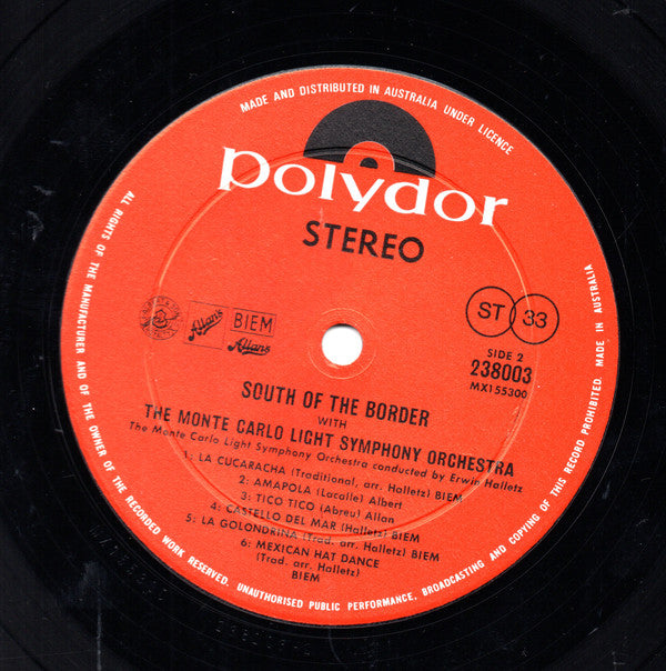 The Monte Carlo Light Symphony Orchestra Conducted By Erwin Halletz : South Of The Border With The Monte Carlo Light Symphony Orchestra (LP, Album)