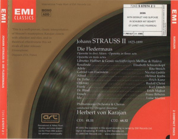 Johann Strauss II* - Schwarzkopf* • Gedda* • Streich* • Krebs* • Kunz* • Christ* • Philharmonia Orchestra & Chorus* • Herbert von Karajan : Die Fledermaus (2xCD, Album, Mono, RE, RM + Box, Sli)