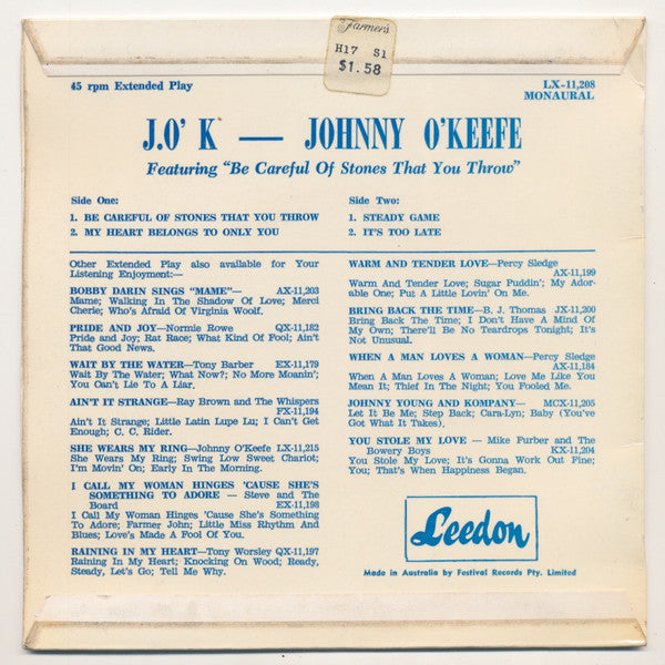 Johnny O'Keefe : J. O'K (7", EP, Mono)