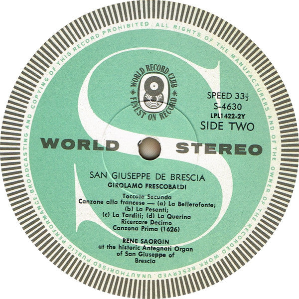 Girolamo Frescobaldi / René Saorgin : Organ Works (LP, Album, Club)