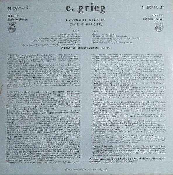 Edvard Grieg, Gerard Hengeveld : Lyrische Stuck (Lyric Pieces) (10")