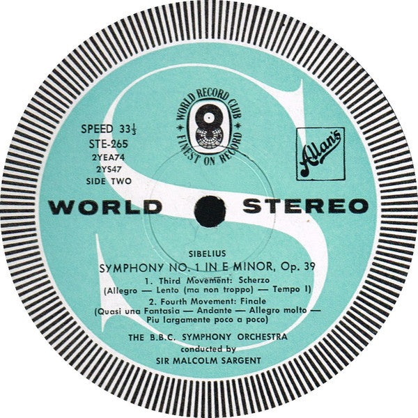 Jean Sibelius - BBC Symphony Orchestra Conducted By Sir Malcolm Sargent : Symphony No. 1 In E Minor Op. 39 (LP, Album, Club)