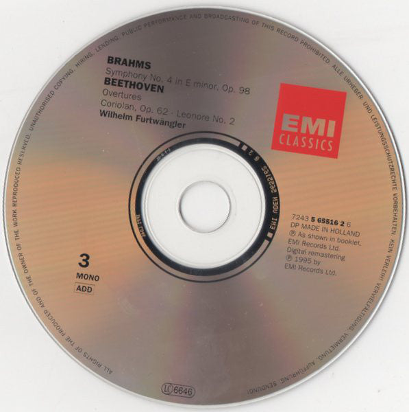 Johannes Brahms, Ludwig van Beethoven, Wiener Philharmoniker, Berliner Philharmoniker, Wilhelm Furtwängler : Sinfonien / Symphonies, 3 Ungarische Tänze, Haydn - Variatonen, Coriolan, Leonore II (3xCD, Comp, Mono, RM)