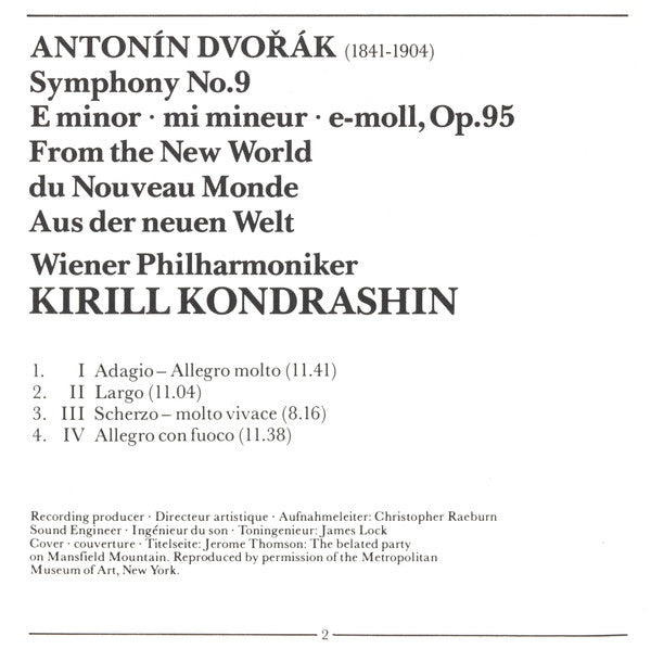 Antonín Dvořák, Wiener Philharmoniker, Kiril Kondrashin : Symphony No. 9 - From The New World • Du Nouveau Monde • Aus Der Neuen Welt (CD, Album, RE)