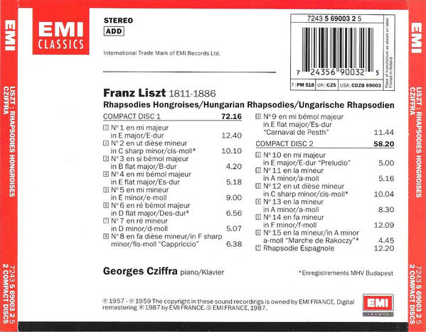 Franz Liszt, Gyorgy Cziffra : Rhapsodies Hongroises = Hungarian Rhapsodies = Ungarische Rhapsodien (2xCD, RE, RM)