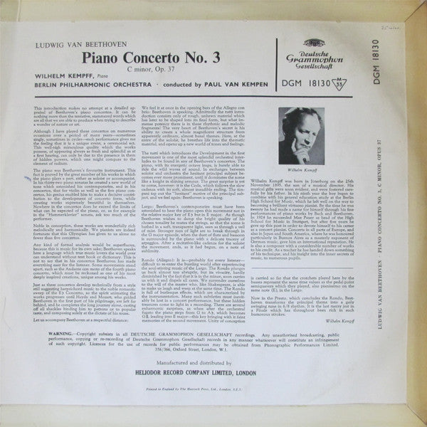 Ludwig van Beethoven – Wilhelm Kempff, Berliner Philharmoniker, Paul van Kempen : Pianoforte-Concerto No. 3, C Minor, Opus 37 (LP, Mono, Gat)