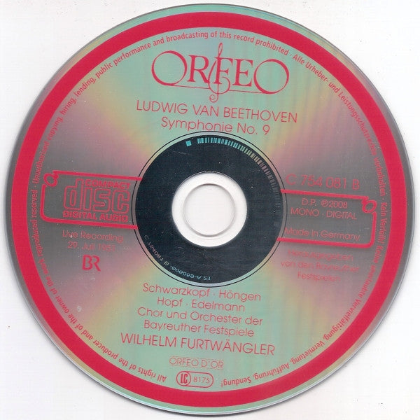 Ludwig van Beethoven / Orchester der Bayreuther Festspiele, Chor der Bayreuther Festspiele, Wilhelm Furtwängler, Elisabeth Schwarzkopf, Elisabeth Höngen, Hans Hopf, Otto Edelmann : Symphonie No. 9 (CD, Album, Mono, RE, RM)