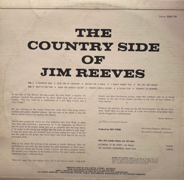 Jim Reeves : The Country Side Of Jim Reeves (LP, Album)