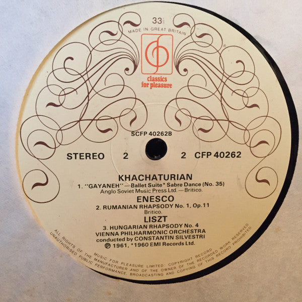 Sergei Prokofiev / Aram Khatchaturian / George Enescu / Franz Liszt, Wiener Philharmoniker, Constantin Silvestri : Love Of Three Oranges Suite / Gayaneh Ballet Suite / Rumanian Rhapsody No1 / Hungarian Rhapsody No4 (LP, Comp)