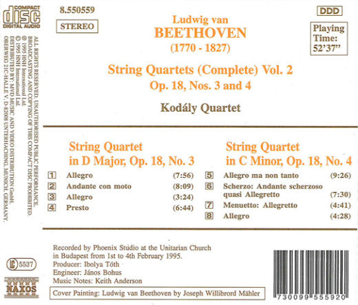 Ludwig van Beethoven, Kodály Quartet : String Quartets (Complete) Vol. 2 Op. 18, Nos. 3 And 4 (CD, Album)