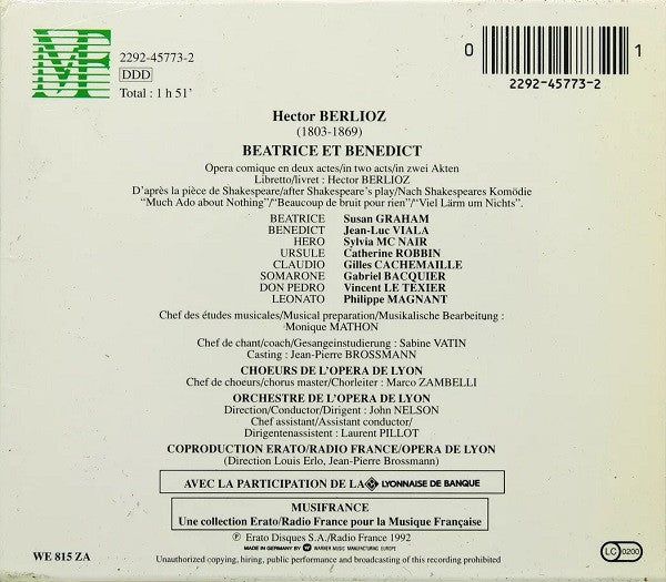 Berlioz* - Graham*, Viala*, McNair*, Robbin*, Bacquier*, Cachemaille*, Le Texier*, Orchestre* Et Chœurs De L'Opéra De Lyon, John Nelson (5) : Béatrice Et Bénédict (2xCD, Album)
