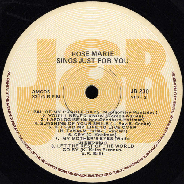 Rose Marie (3) : Sings Just For You (LP, Album)
