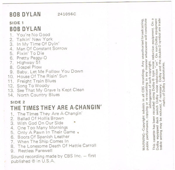 Bob Dylan : Bob Dylan / The Times They Are A-Changin' (Cass, Album, Comp)