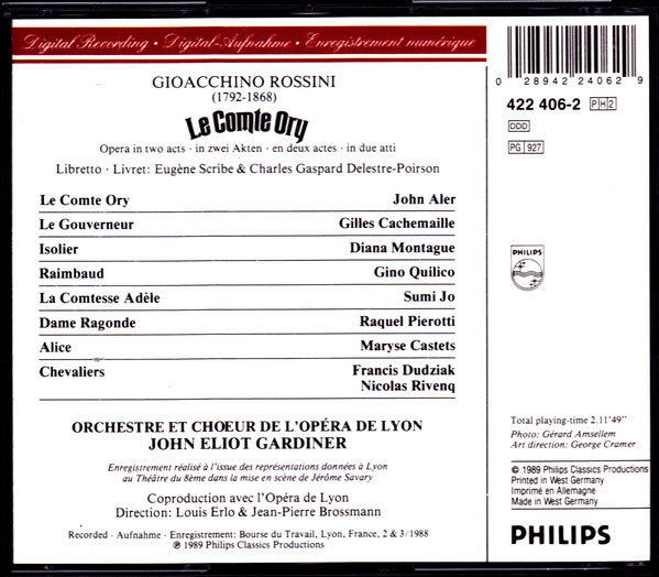 Rossini* - Sumi Jo, John Aler, Diana Montague, Gilles Cachemaille, Gino Quilico, Raquel Pierotti, Orchestre* et Chœur de l'Opera de Lyon*, John Eliot Gardiner : Le Comte Ory (2xCD, Album + Box)