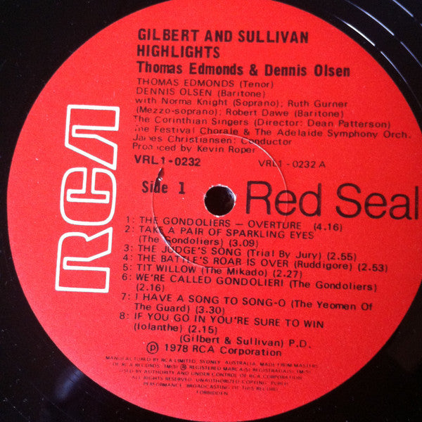 Thomas Edmonds & Dennis Olsen (3) With The Adelaide Symphony Orchestra Conducted By James Christiansen : Gilbert And Sullivan Highlights (LP, Album)