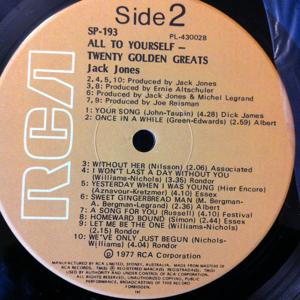 Jack Jones : All To Yourself - Twenty Golden Greats (LP, Comp)