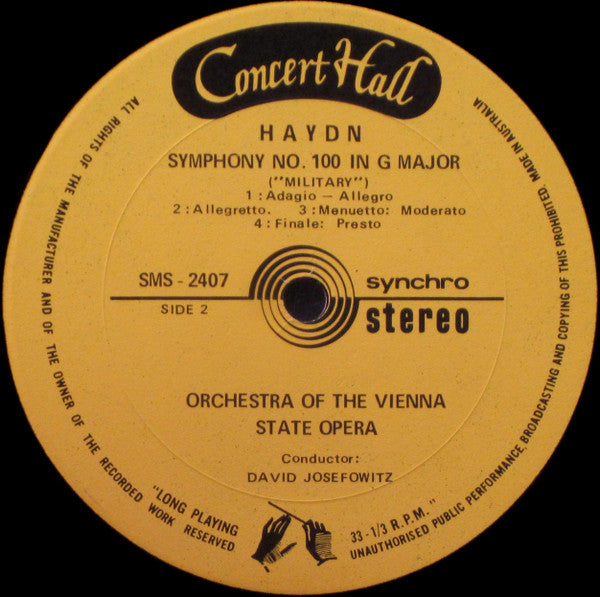 Haydn* - Orchestra Of The Vienna State Opera*, David Josefowitz : Symphony No. 94 "The Surprise" / Symphony No. 100 "Military" (LP, Album)