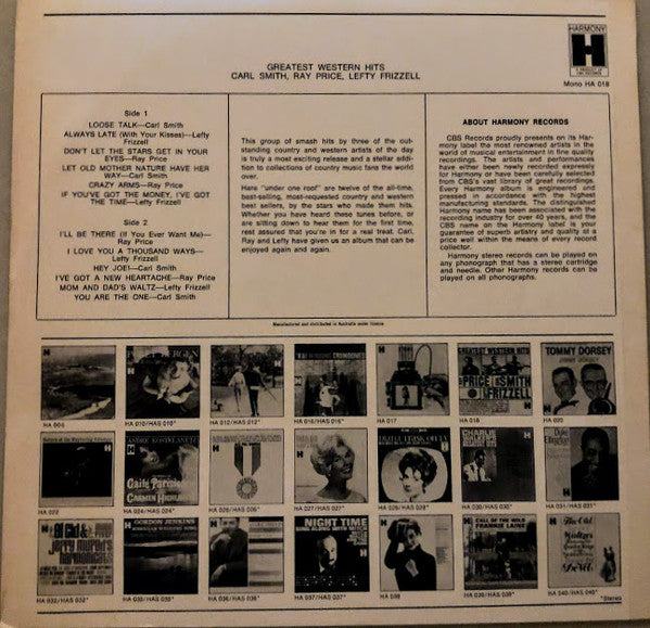 Various : Greatest Western Hits, Vol. 1: Ray Price, Carl Smith, Lefty Frizzell (LP, Comp, Mono)