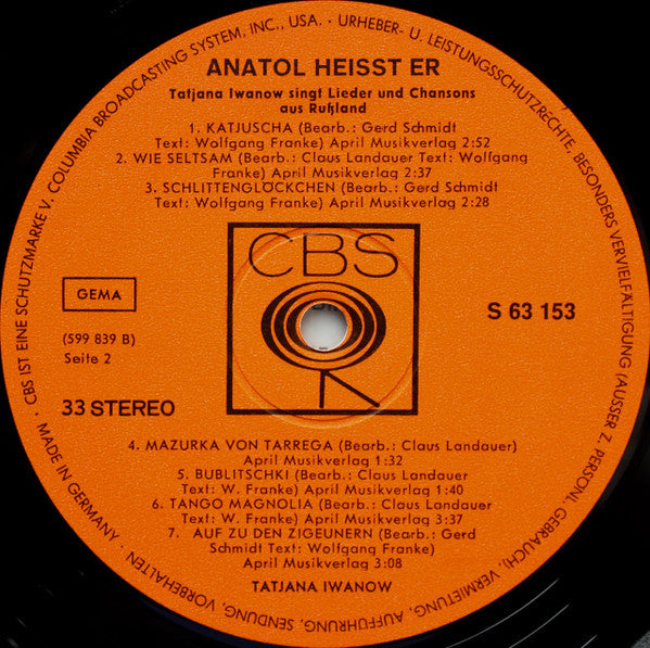 Tatjana Iwanow : Anatol Heißt Er - Tatjana Iwanow Singt Lieder und Chansons Aus Rußland (LP, Album)
