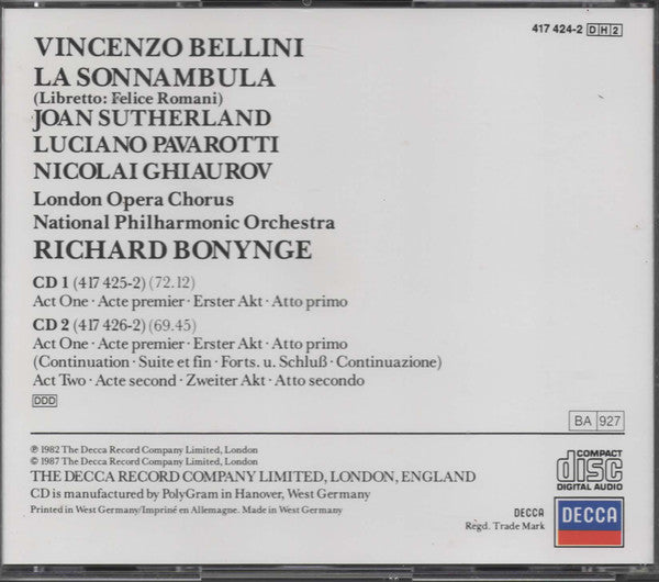 Vincenzo Bellini - Joan Sutherland, Luciano Pavarotti, Nicolai Ghiaurov - National Philharmonic Orchestra, Richard Bonynge : La Sonnambula (2xCD, Album + Box)