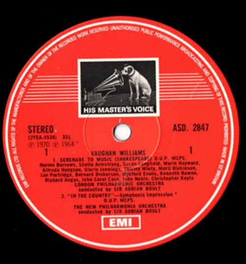 Ralph Vaughan Williams / Sir Adrian Boult / London Philharmonic Orchestra And New Philharmonia Orchestra : Serenade To Music / The Lark Ascending / In The Fen Country / Norfolk Rhapsody No.1 (LP, Comp, RE)