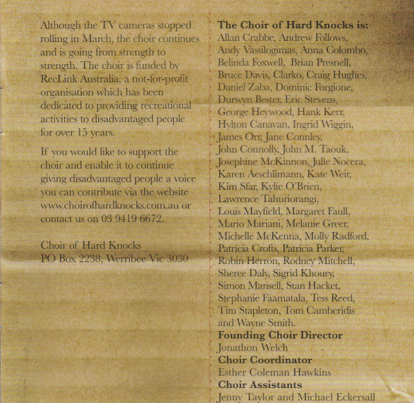 The Choir Of Hard Knocks : The Voice Of Reclink (CD, Comp)