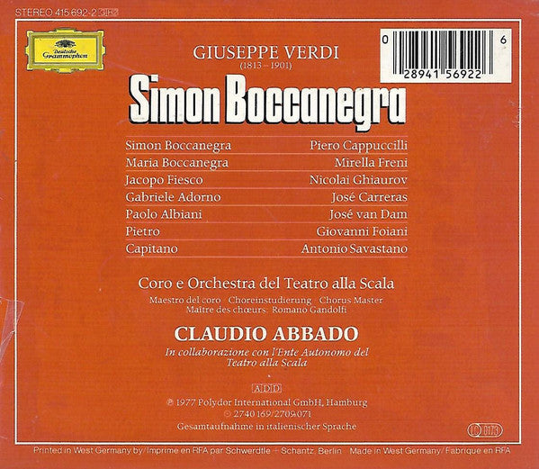 Giuseppe Verdi - Mirella Freni, Piero Cappuccilli, José Carreras, Nicolai Ghiaurov, José van Dam, Giovanni Foiani, Coro Del Teatro Alla Scala E Orchestra Del Teatro Alla Scala, Claudio Abbado : Simon Boccanegra (2xCD, Album, RE + Box, Sli)