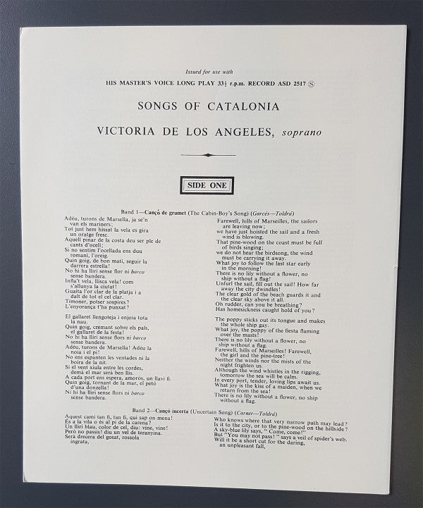 Victoria De Los Angeles : Songs Of Catalonia (LP)