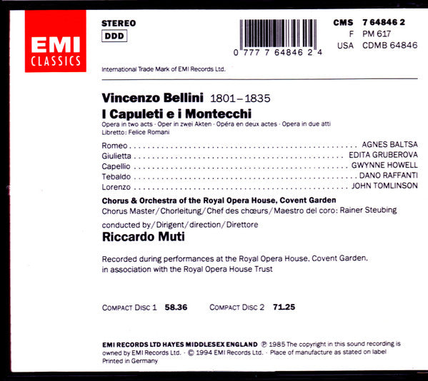 Vincenzo Bellini - Agnes Baltsa • Edita Gruberova • Dano Raffanti • Gwynne Howell • John Tomlinson (2) • Chorus Of The Royal Opera House, Covent Garden & Orchestra Of The Royal Opera House, Covent Garden • Riccardo Muti : I Capuleti E I Montecchi (2xCD, Album, RE + Box, Sli)