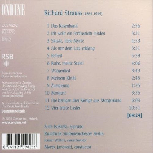 Richard Strauss - Soile Isokoski : Orchestral Songs. Vier Letzte Lieder (Four Last Songs) (CD, Album)