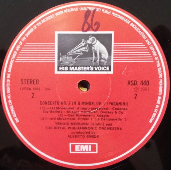 Paganini* / Yehudi Menuhin / Royal Philharmonic Orchestra / Alberto Erede : Violin Concertos No. 1 In D Major / No. 2 In B Minor (LP, RE, B&W)