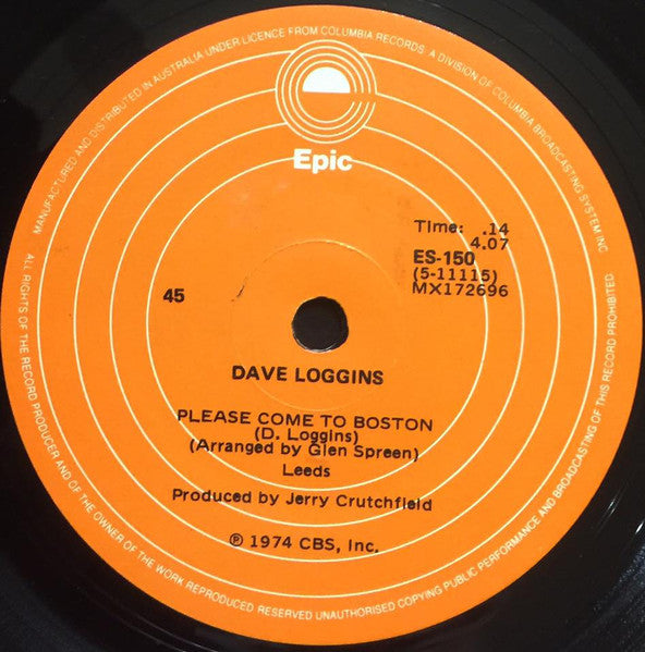 Dave Loggins : Please Come To Boston (7", Single)