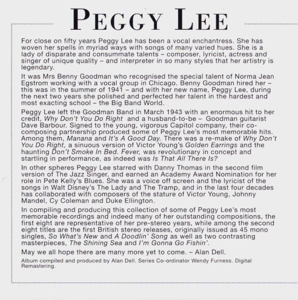 Peggy Lee : The Best Of Peggy Lee (CD, Comp, RE, RM)