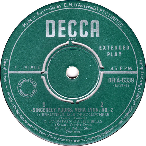 Vera Lynn : Sincerely Yours, Vera Lynn No.2 (7", EP, Mono)