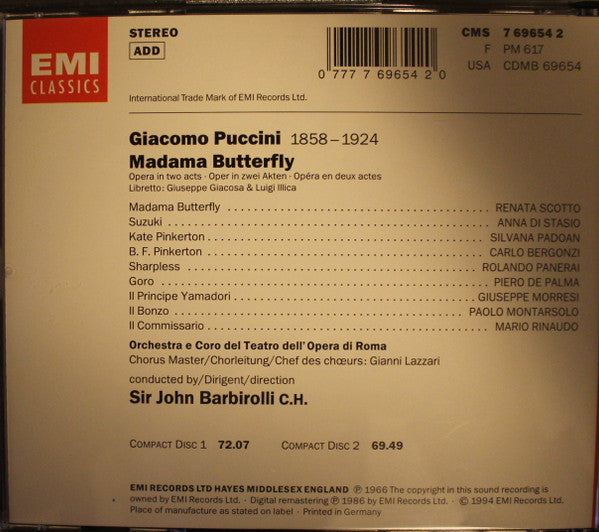 Puccini* - Scotto*, Bergonzi*, Panerai*, Coro Del Teatro Dell'Opera Di Roma, Orchestra Del Teatro Dell'Opera Di Roma, Sir John Barbirolli : Madama Butterfly (Box + 2xCD, RE, RM)