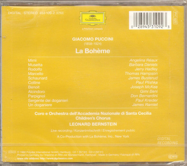 Puccini* - Réaux* · Hadley* · Hampson* · Daniels*, Coro* E Orchestra dell'Accademia Nazionale di Santa Cecilia, Leonard Bernstein : La Bohème (2xCD, Album, RE, RM)
